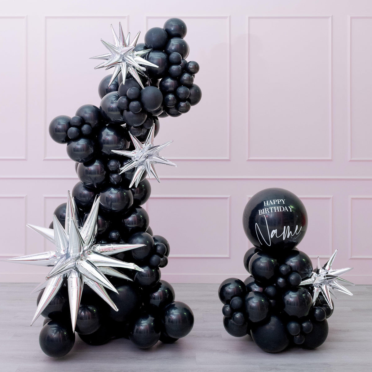 Midnight Luxe - Self-standing Balloon Garland & Personalized Balloon Stack with silver stars