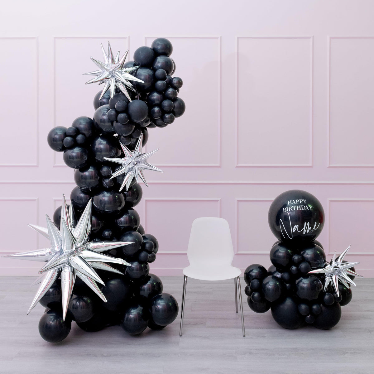 Midnight Luxe - Self-standing Balloon Garland & Personalized Balloon Stack with silver stars
