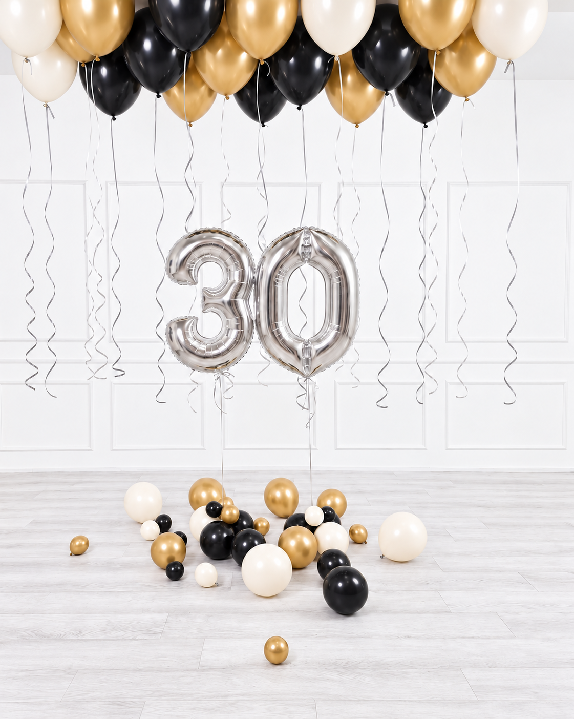 Ana Karina Balloons champagne noir ceiling balloon arrangement and number set