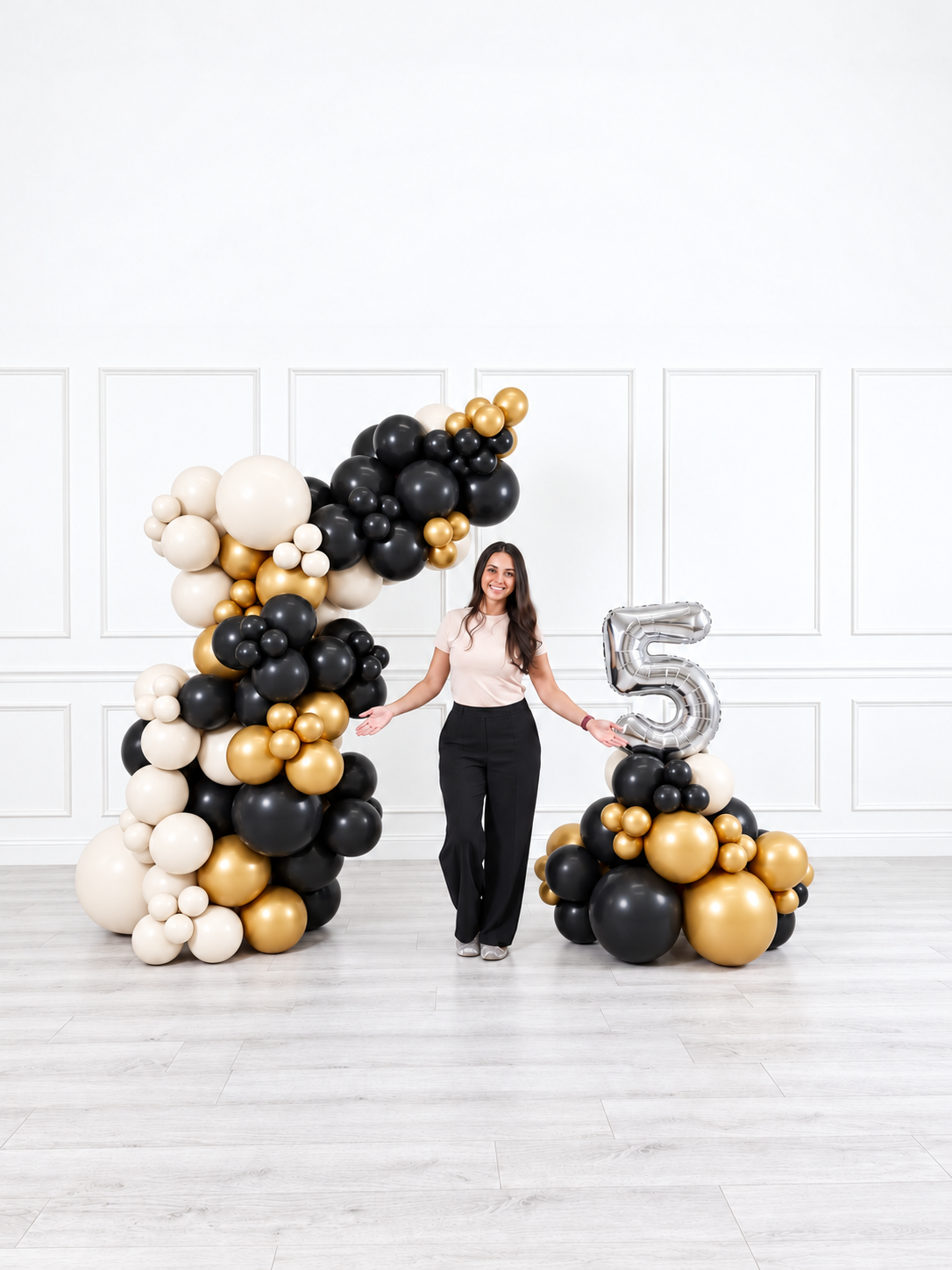 Ana Karina Balloons champagne noir freestanding balloon garland and number stack set, additional product image