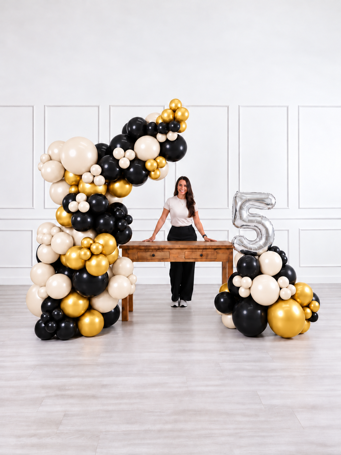 Ana Karina Balloons champagne noir freestanding balloon garland and number stack set, additional product image