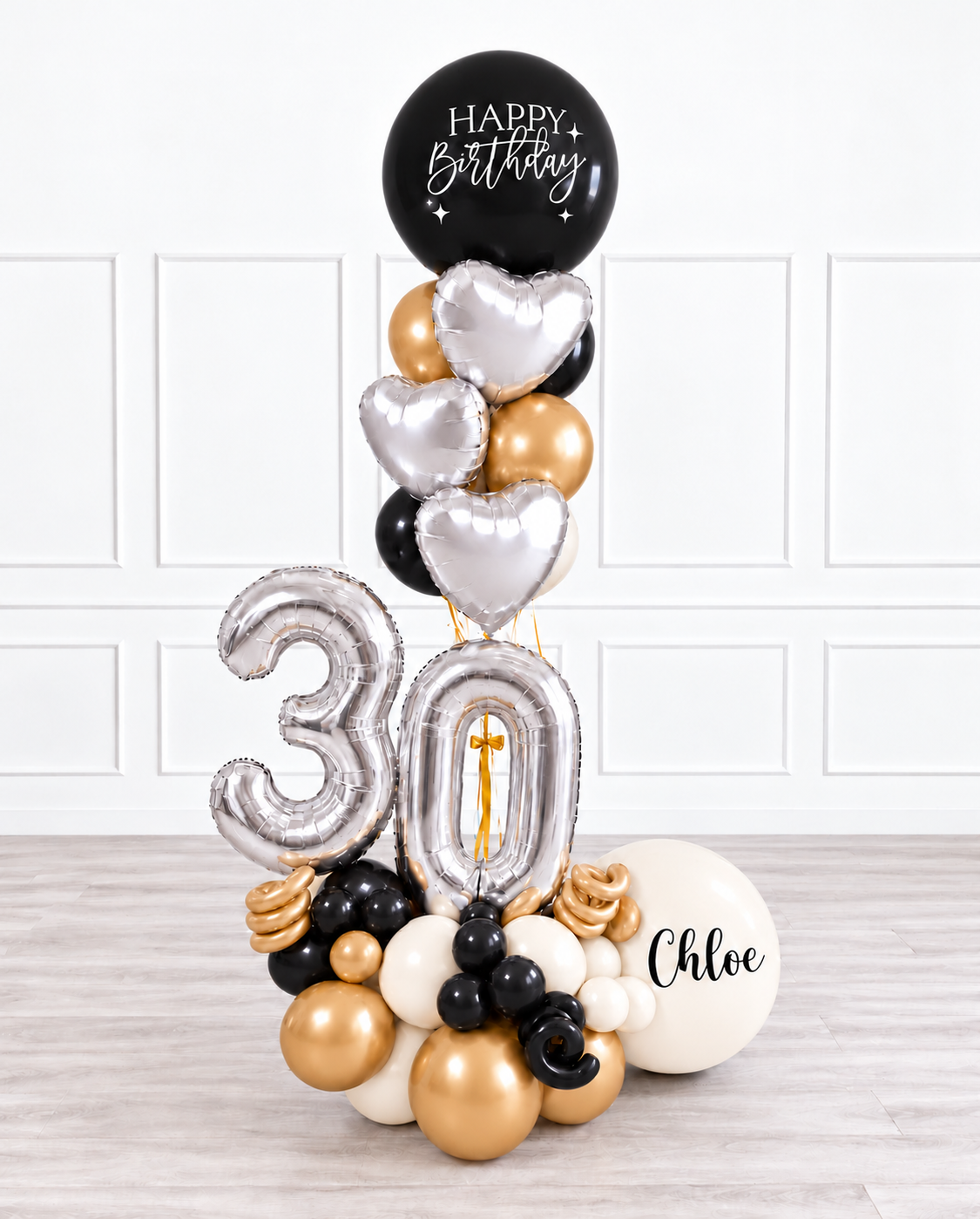 Ana Karina Balloons champagne noir personalized balloon bouquet with foil hearts