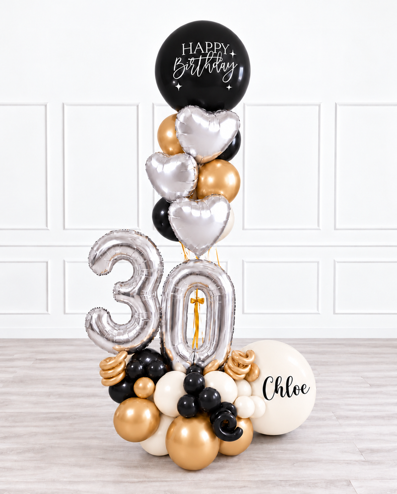 Ana Karina Balloons champagne noir personalized balloon bouquet with foil hearts