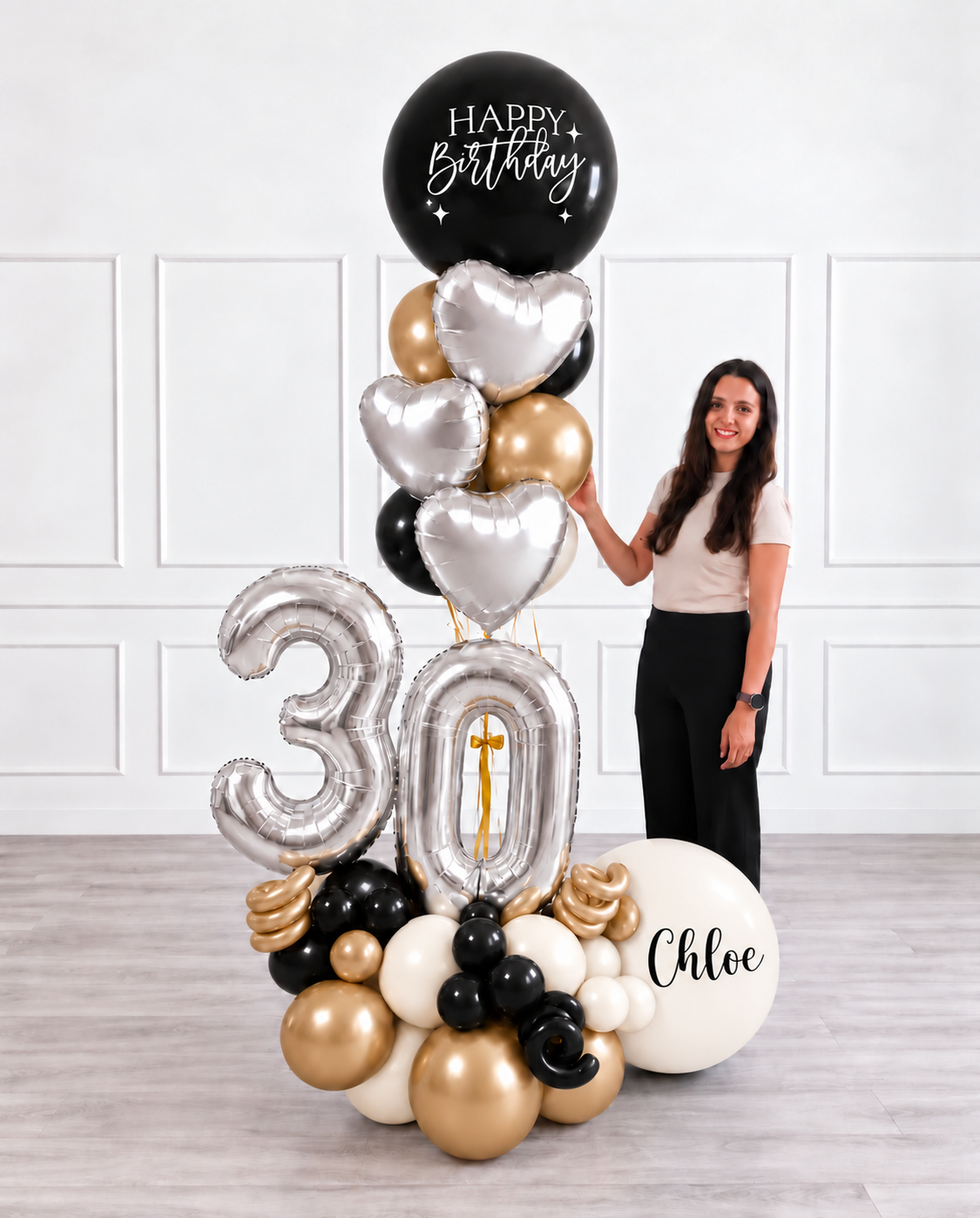 Ana Karina Balloons champagne noir personalized balloon bouquet with foil hearts, additional product image