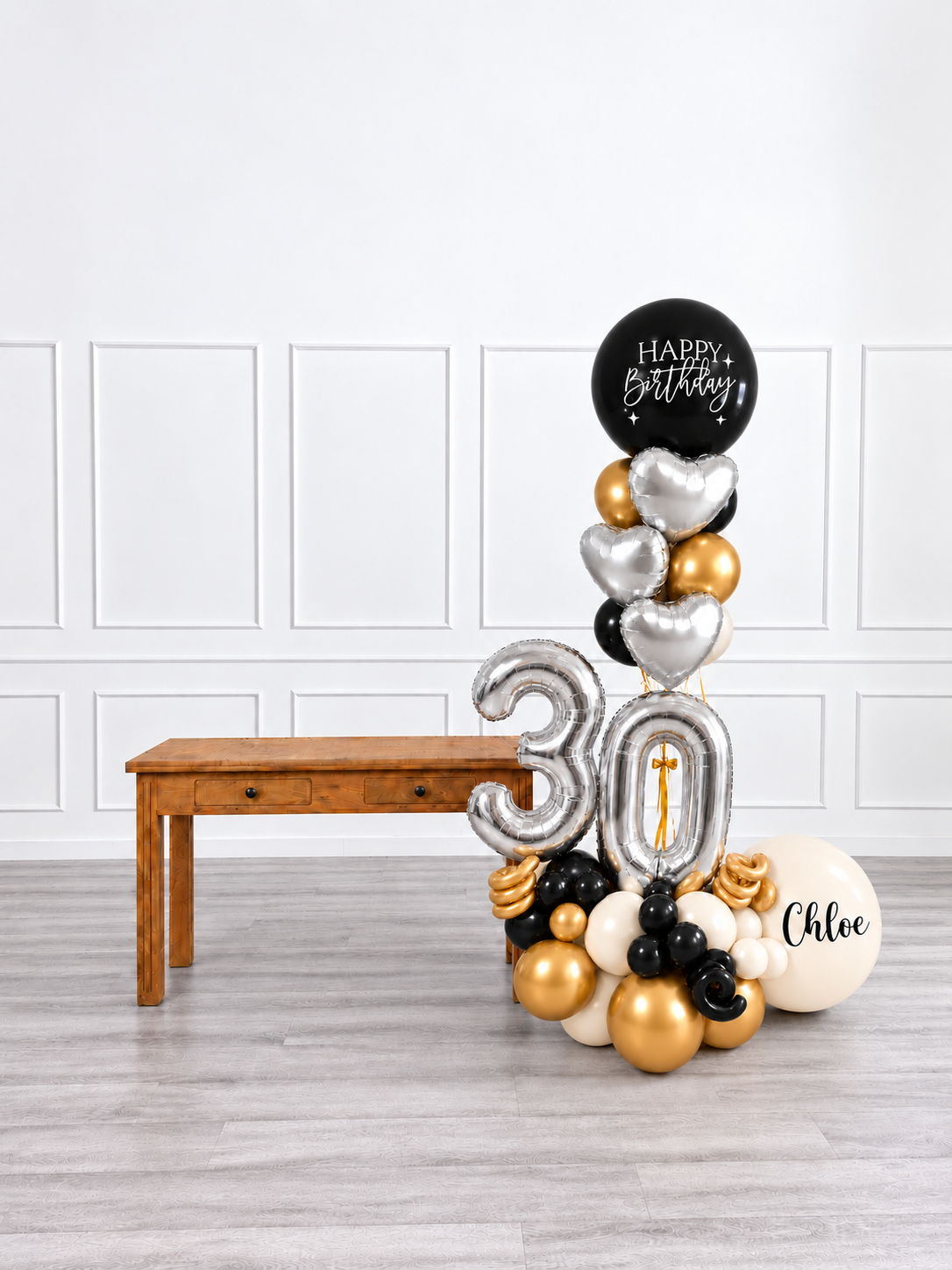 Ana Karina Balloons champagne noir personalized balloon bouquet with foil hearts, additional product image