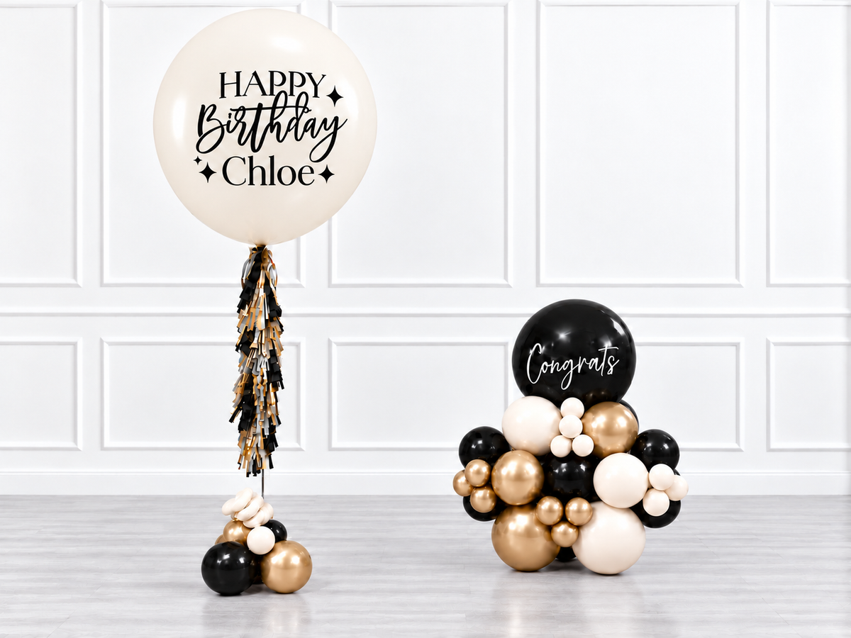 Ana Karina Balloons champagne noir personalized jumbo balloon tassel and stack balloons