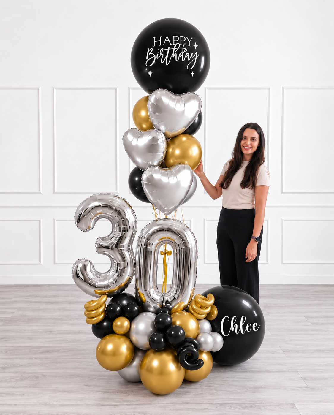 Ana Karina Balloons black tie personalized balloon bouquet with foil hearts, additional product image
