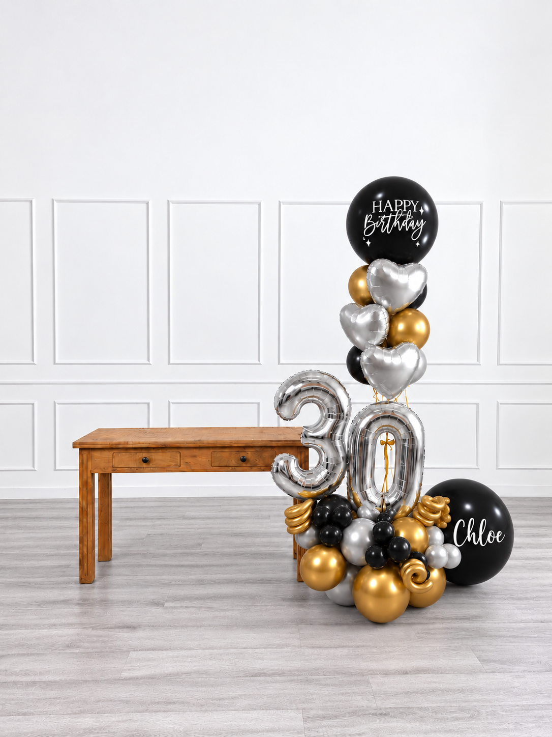 Ana Karina Balloons black tie personalized balloon bouquet with foil hearts, additional product image