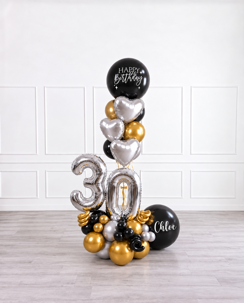Ana Karina Balloons black tie personalized balloon bouquet with foil hearts