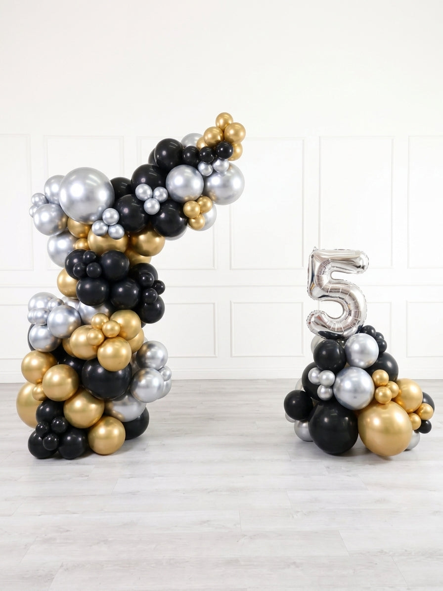 Ana Karina Balloons black tie freestanding balloon garland and number stack set