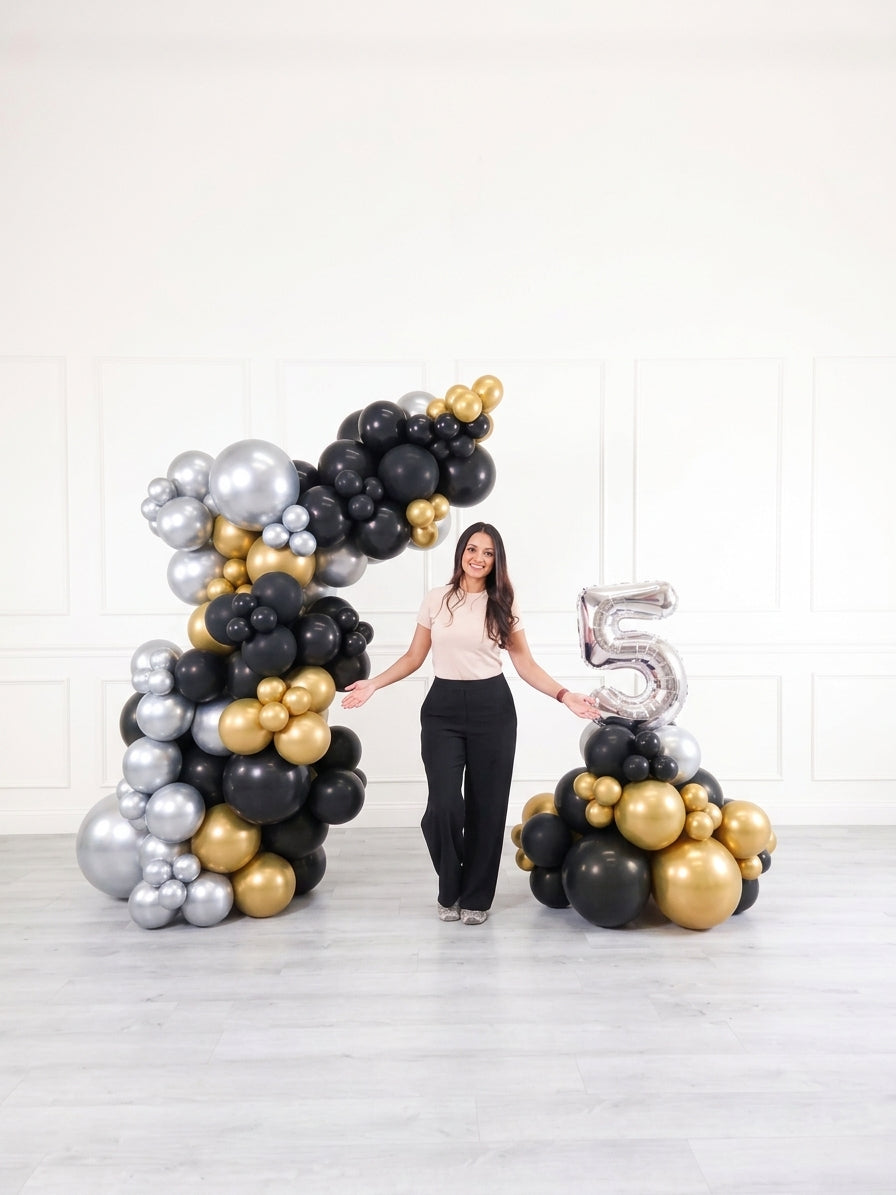 Ana Karina Balloons black tie freestanding balloon garland and number stack set, additional product image