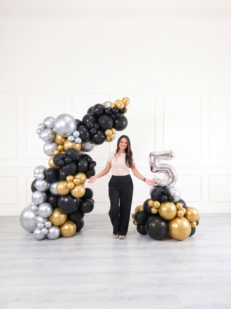 Ana Karina Balloons black tie freestanding balloon garland and number stack set, additional product image