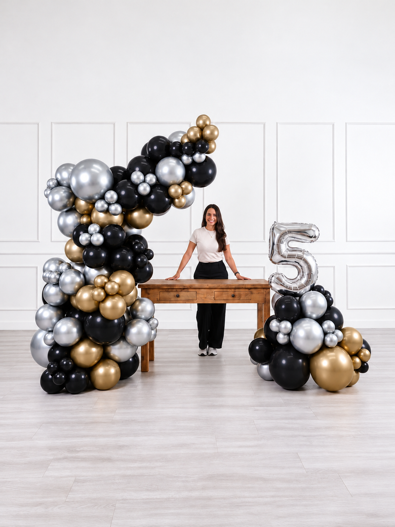 Ana Karina Balloons black tie freestanding balloon garland and number stack set, additional product image