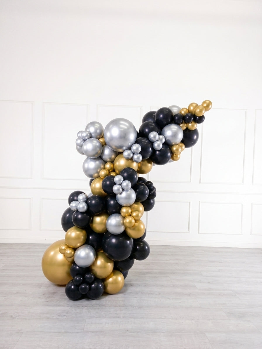Ana Karina Balloons black tie freestanding balloon garland