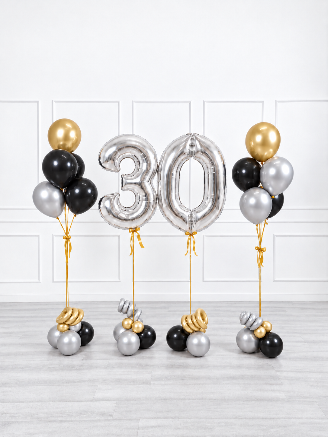 Ana Karina Balloons black tie milestone number and balloon bunches set