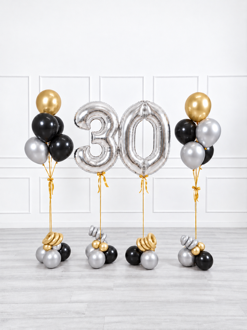 Ana Karina Balloons black tie milestone number and balloon bunches set