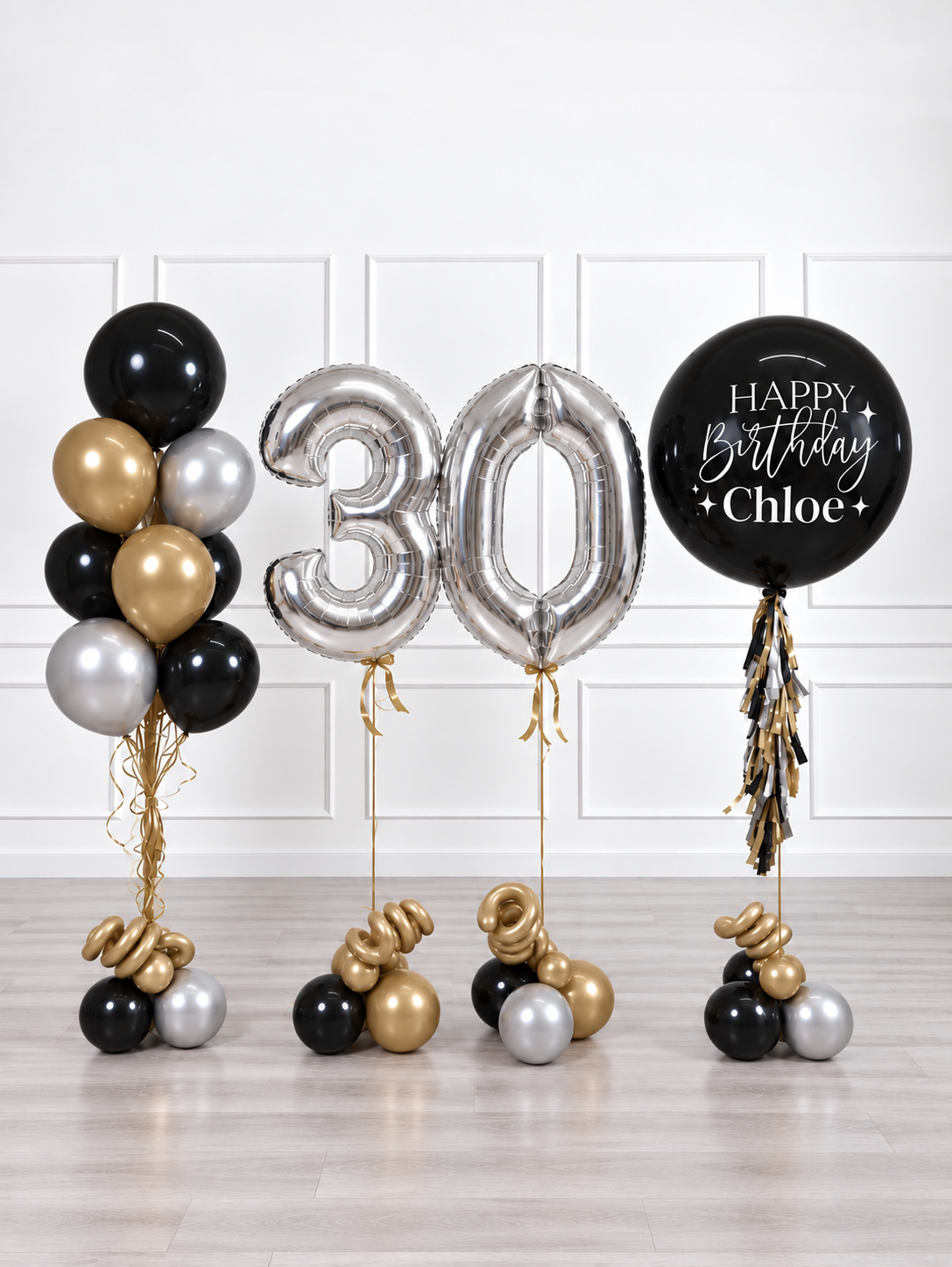 Ana Karina Balloons black tie personalized birthday balloon set deluxe
