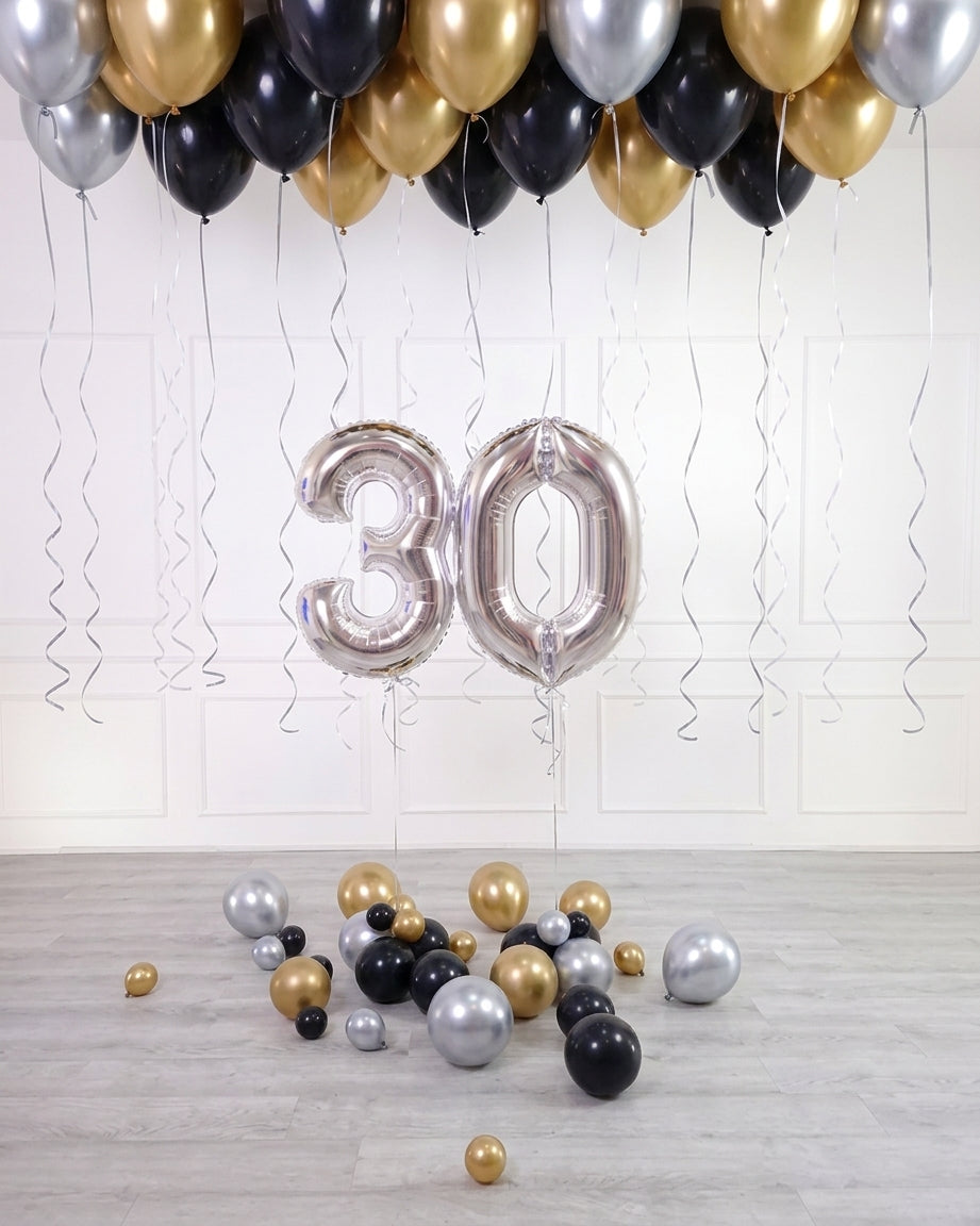 Ana Karina Balloons black tie ceiling balloon arrangement and number set