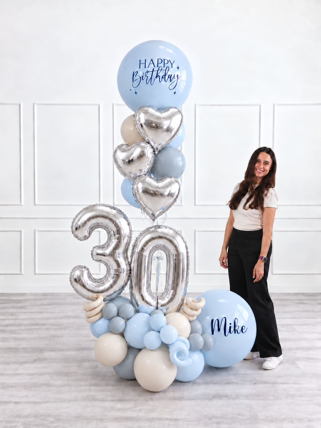 Ana Karina Balloons blue serenity personalized balloon bouquet with foil hearts, additional product image