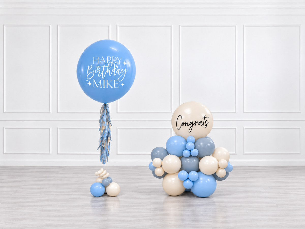 Ana Karina Balloons blue serenity personalized jumbo balloon tassel and stack balloons