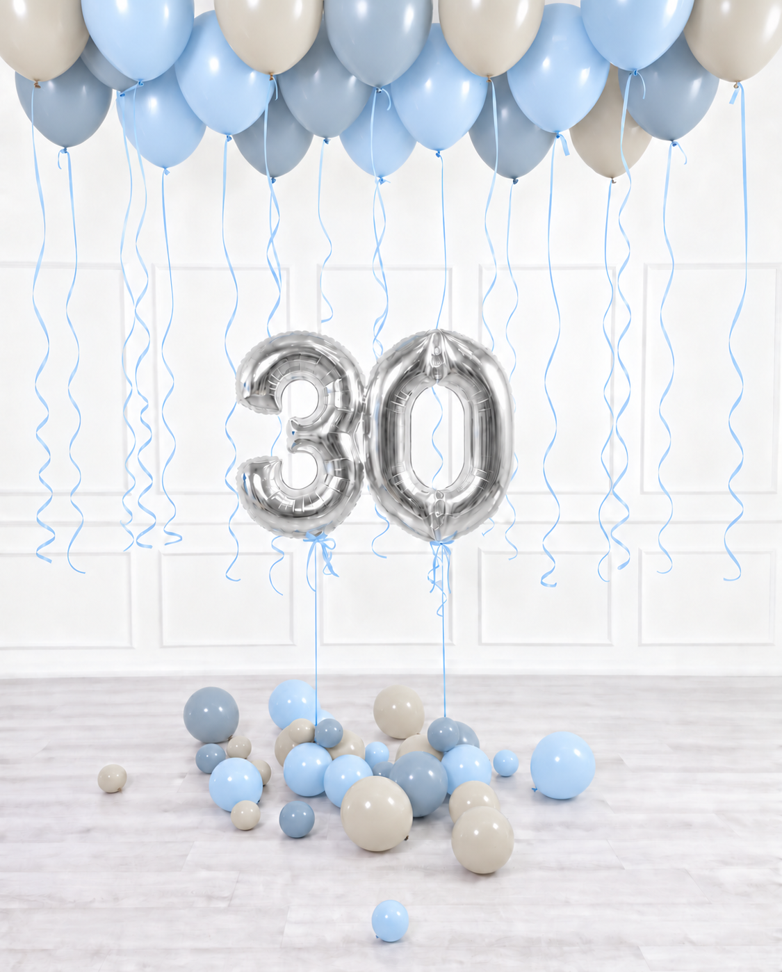 Ana Karina Balloons blue serenity ceiling balloon arrangement and number set
