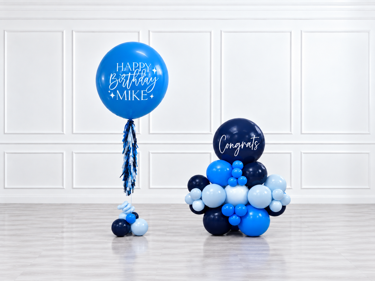 Ana Karina Balloons blue wonder personalized jumbo balloon tassel and stack balloons