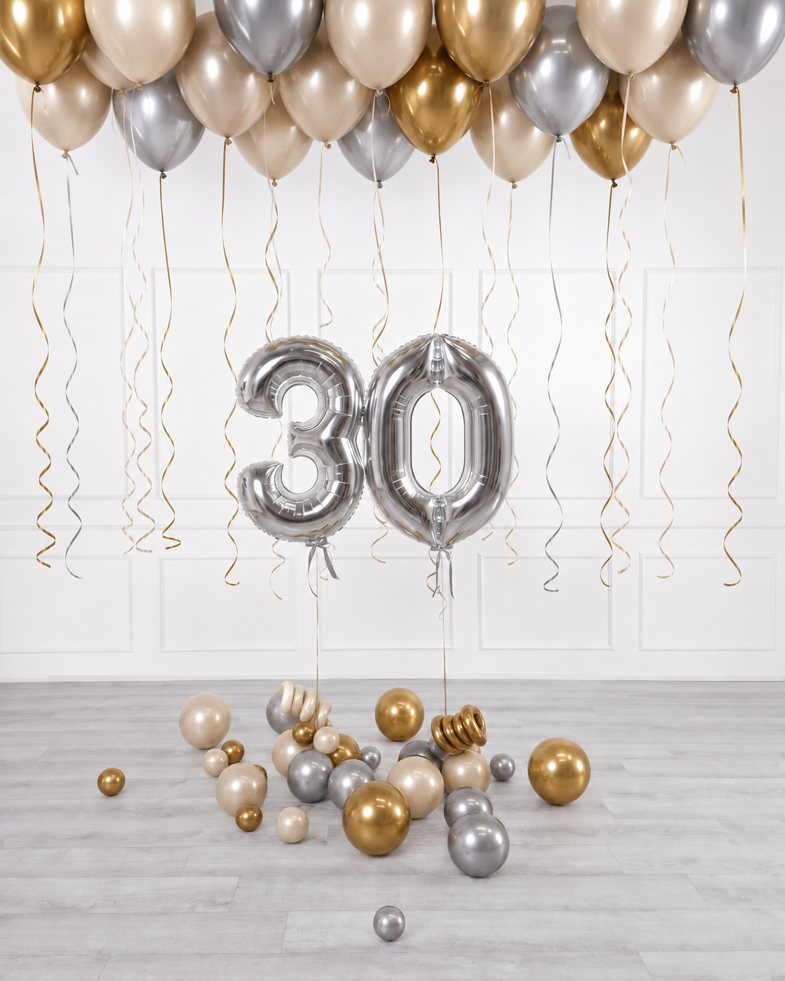 Ana Karina Balloons champagne glow ceiling balloon arrangement and number set