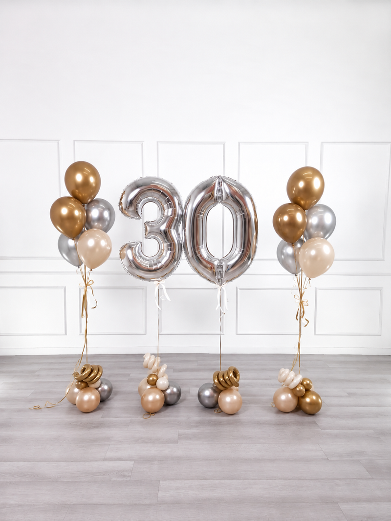 Ana Karina Balloons champagne glow milestone number and balloon bunches set