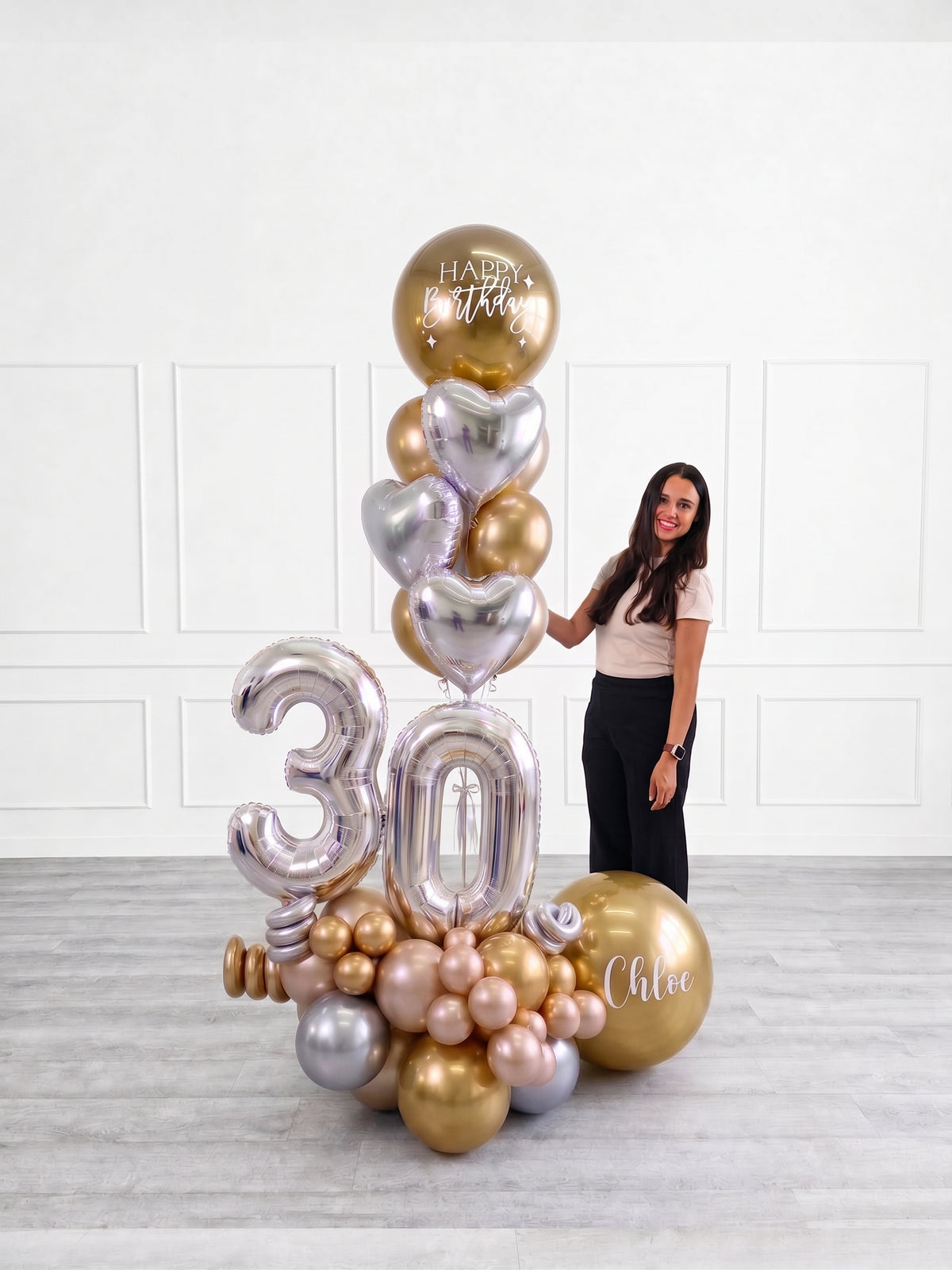 Ana Karina Balloons champagne glow personalized balloon bouquet with foil hearts, additional product image