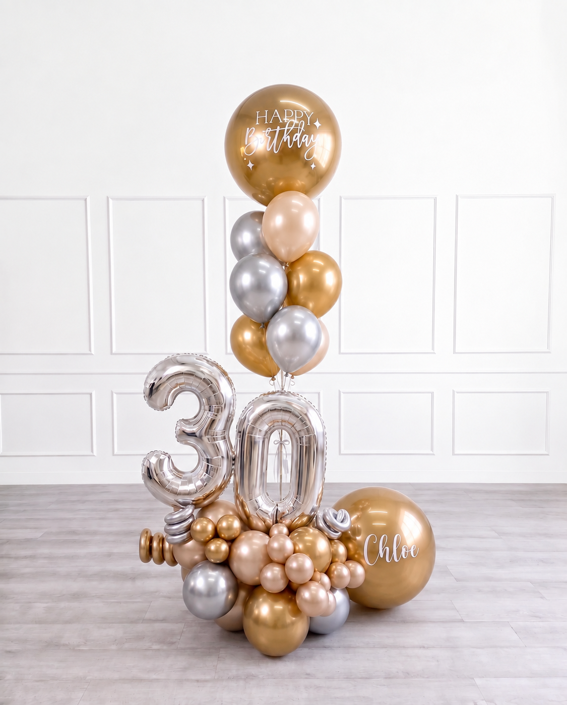 Ana Karina Balloons champagne glow personalized balloon bouquet with classic balloons