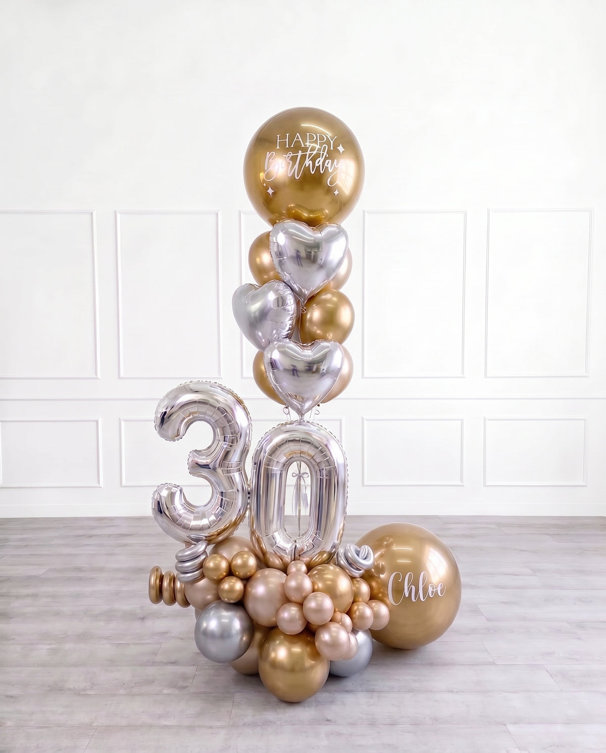 Ana Karina Balloons champagne glow personalized balloon bouquet with foil hearts