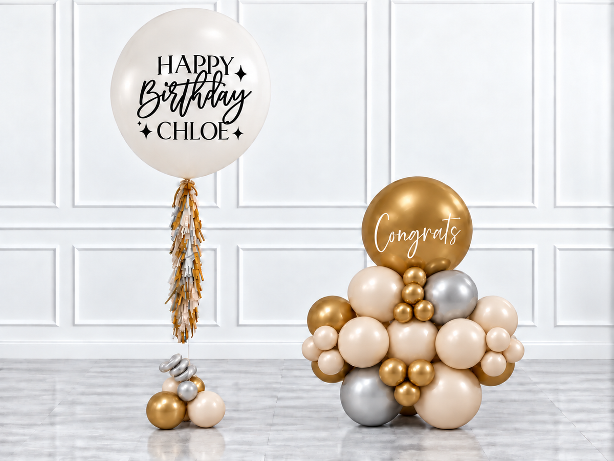 Ana Karina Balloons champagne glow personalized jumbo balloon tassel and stack balloons