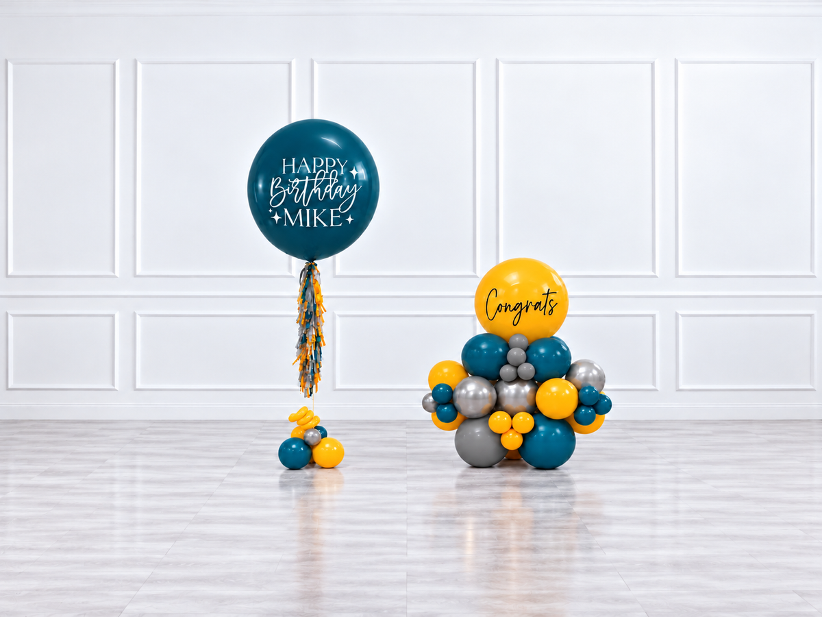 Ana Karina Balloons steel horizon personalized jumbo balloon tassel and stack balloons