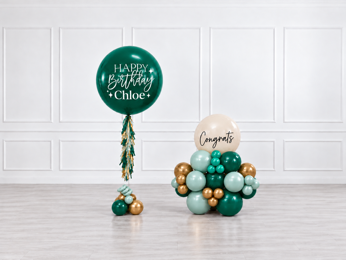 Ana Karina Balloons emerald forest personalized jumbo balloon tassel and stack balloons