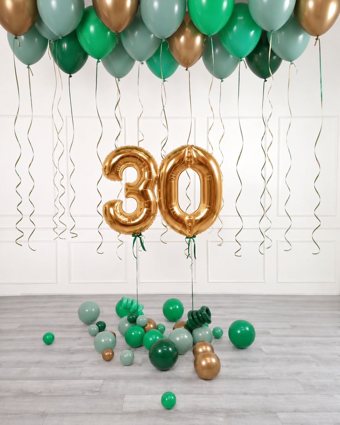 Ana Karina Balloons emerald forest ceiling balloon arrangement and number set