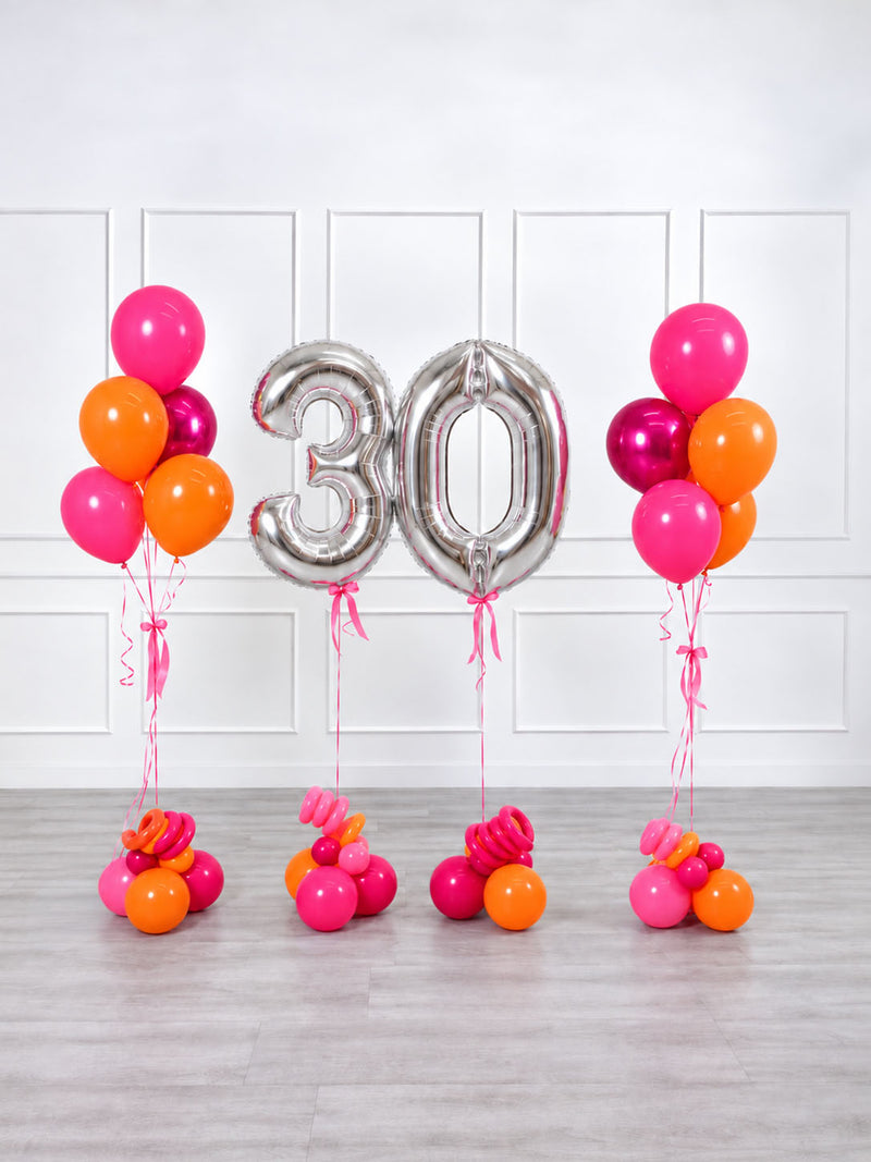 Ana Karina Balloons fire burst milestone number and balloon bunches set
