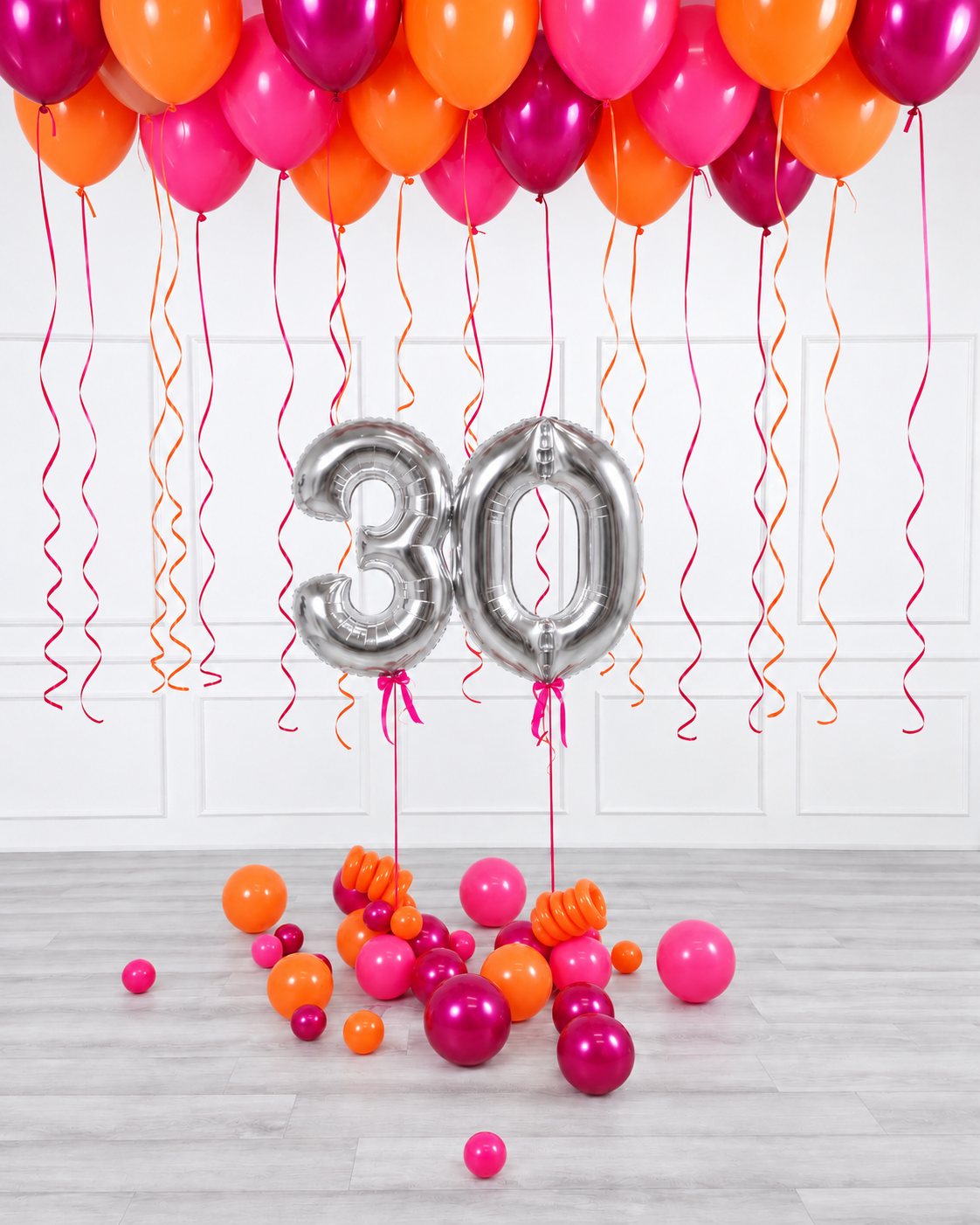 Ana Karina Balloons fire burst ceiling balloon arrangement and number set