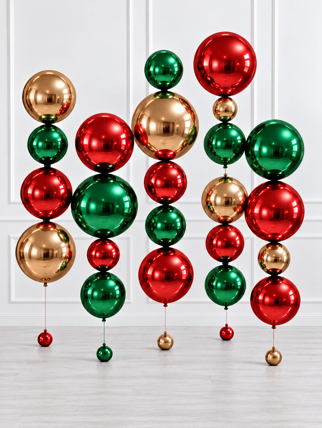 Ana Karina Balloons gold green and red floating balloon totem