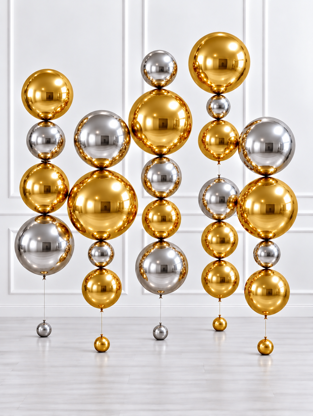 Ana Karina Balloons gold and silver floating balloon totem
