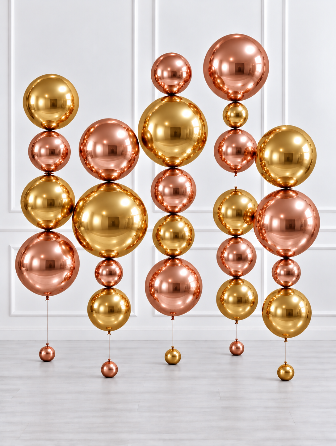Ana Karina Balloons gold and rosegold floating balloon totem