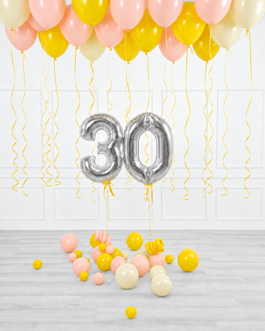 Ana Karina Balloons hello yellow ceiling balloon arrangement and number set