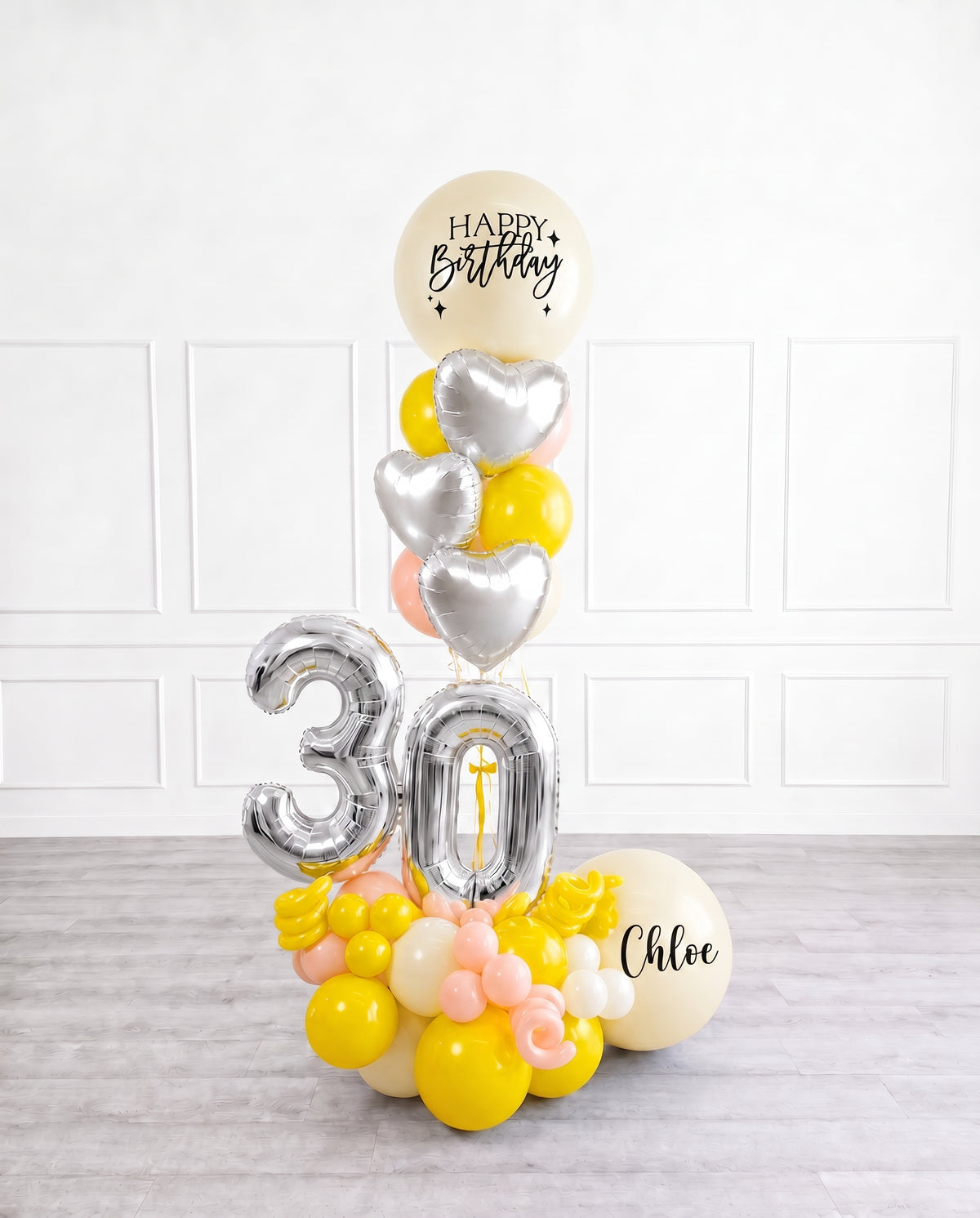 Ana Karina Balloons hello yellow personalized balloon bouquet with foil hearts