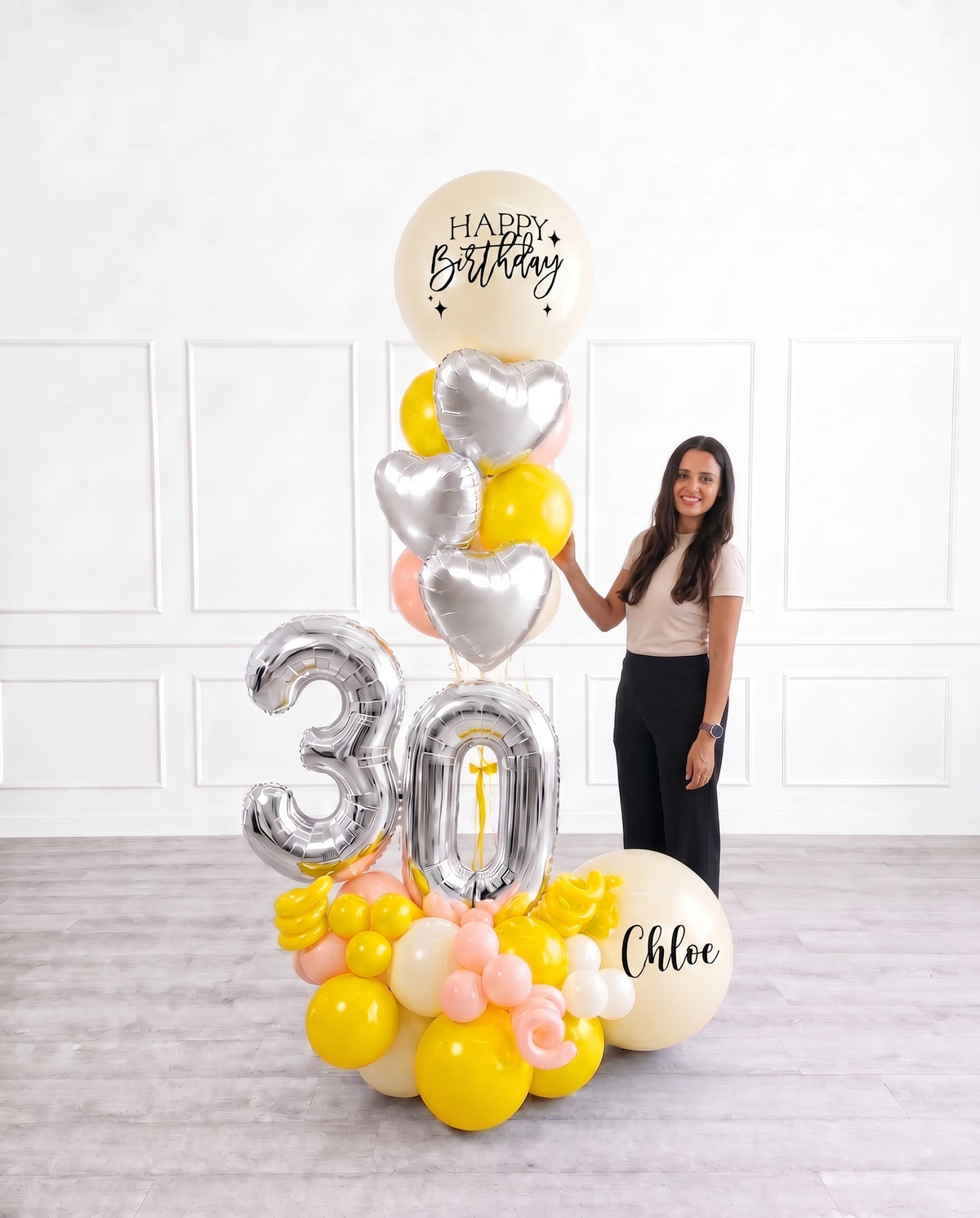 Ana Karina Balloons hello yellow personalized balloon bouquet with foil hearts, additional product image