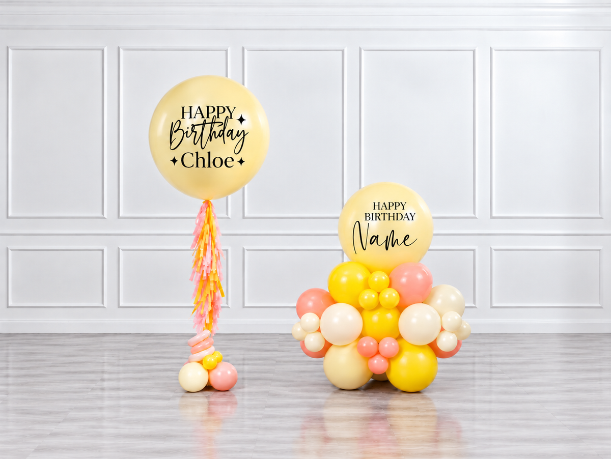 Ana Karina Balloons hello yellow personalized jumbo balloon tassel and stack balloons