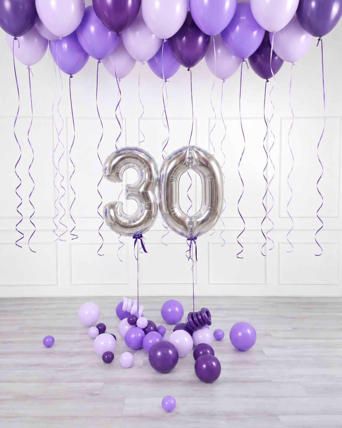 Ana Karina Balloons lilac garden ceiling balloon arrangement and number set