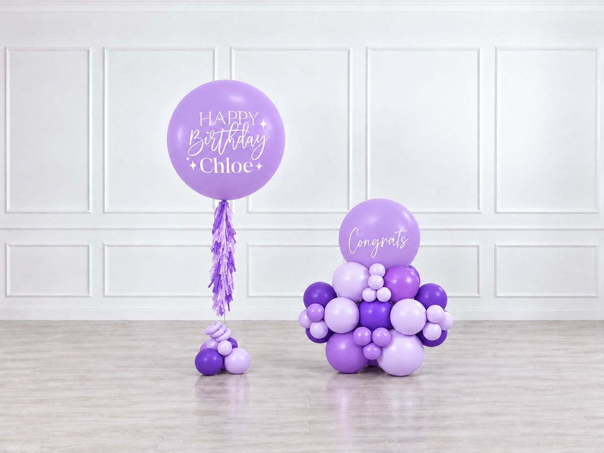 Ana Karina Balloons lilac garden personalized jumbo balloon tassel and stack balloons