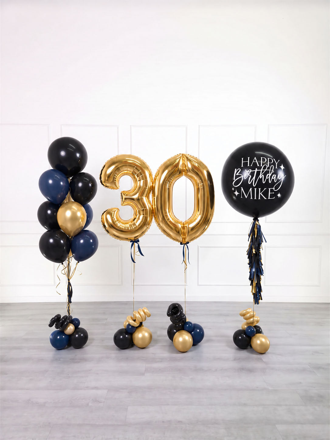 Ana Karina Balloons midnight gold personalized birthday balloon set deluxe
