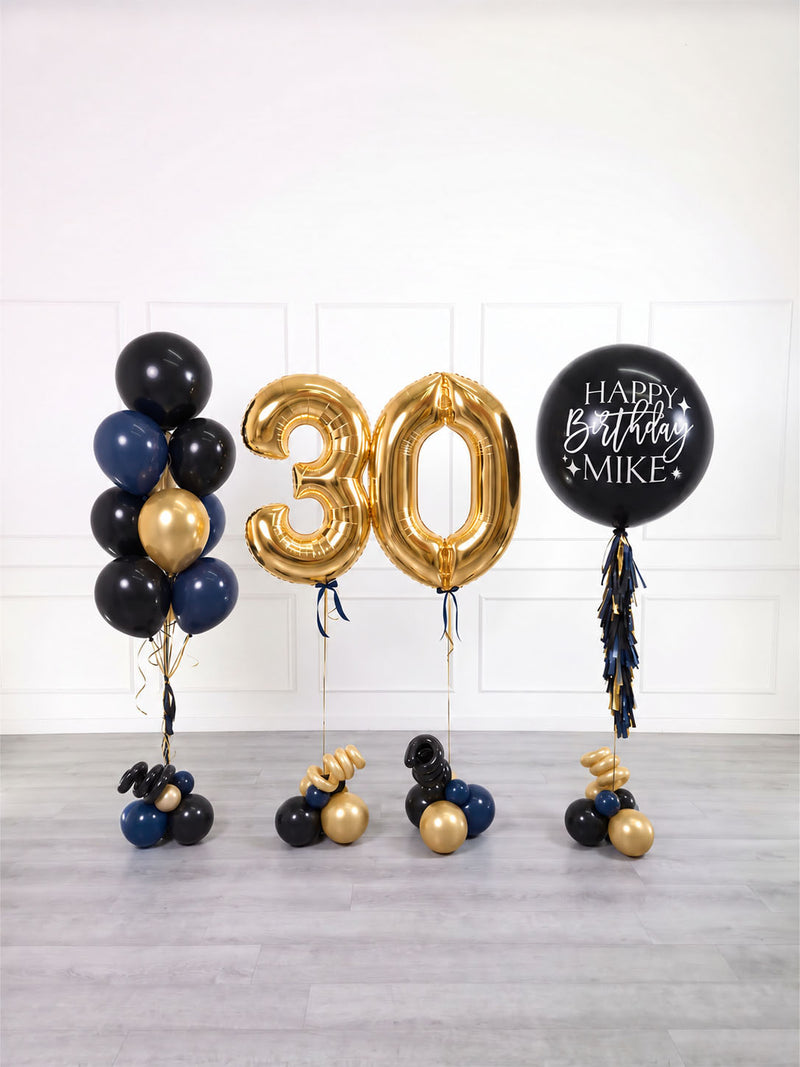 Ana Karina Balloons midnight gold personalized birthday balloon set deluxe