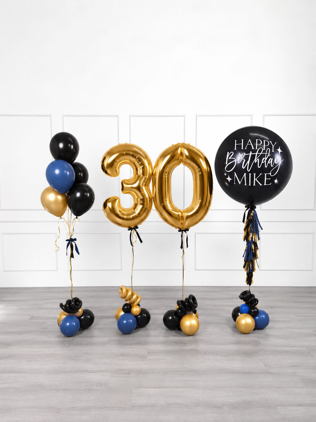 Ana Karina Balloons midnight gold personalized birthday balloon set classic