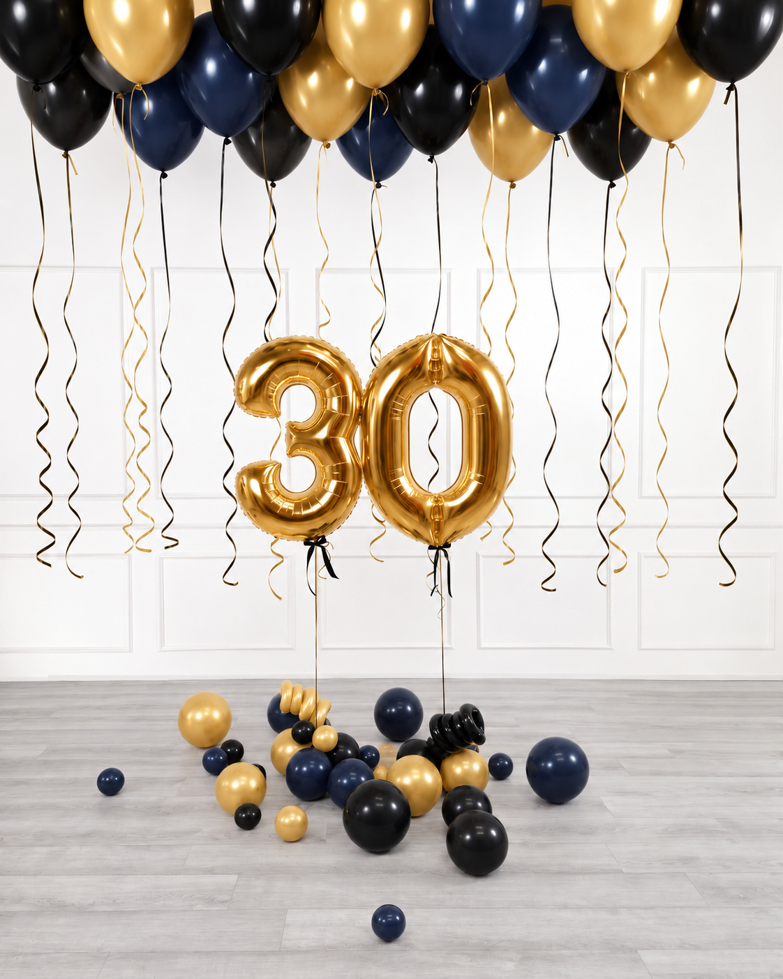 Ana Karina Balloons midnight gold ceiling balloon arrangement and number set